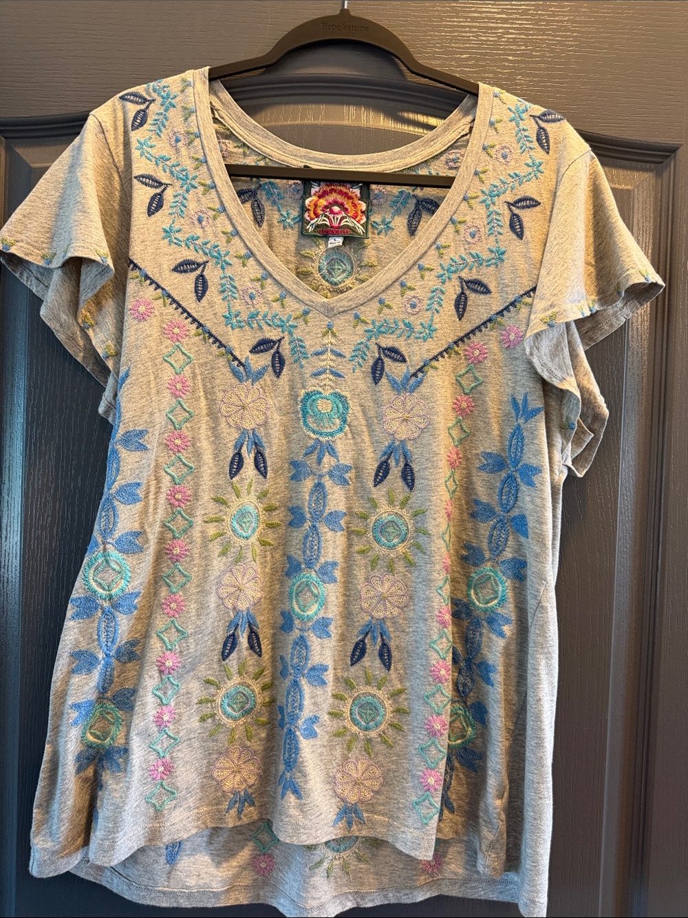 Johnny Was Grey Tee with Blue and Green Floral Embroidery